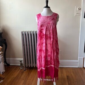 Island Fantasy Pink Tie Dye Fringe Hem Sleeveless Maxi Dress Free Size